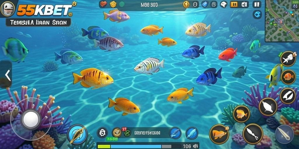 Gameplay seru dalam 55KBET yang menunjukkan tembak ikan.