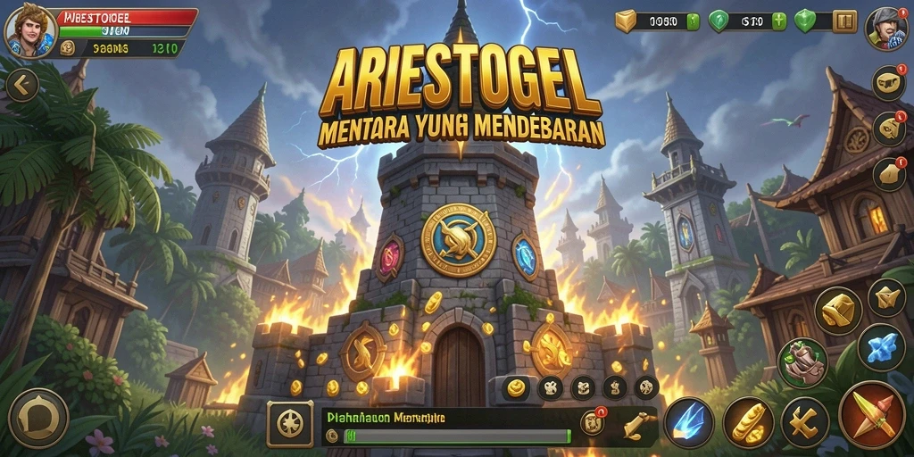 Tampilan gameplay seru dengan berbagai menara melawan musuh dalam ARIESTOGEL.